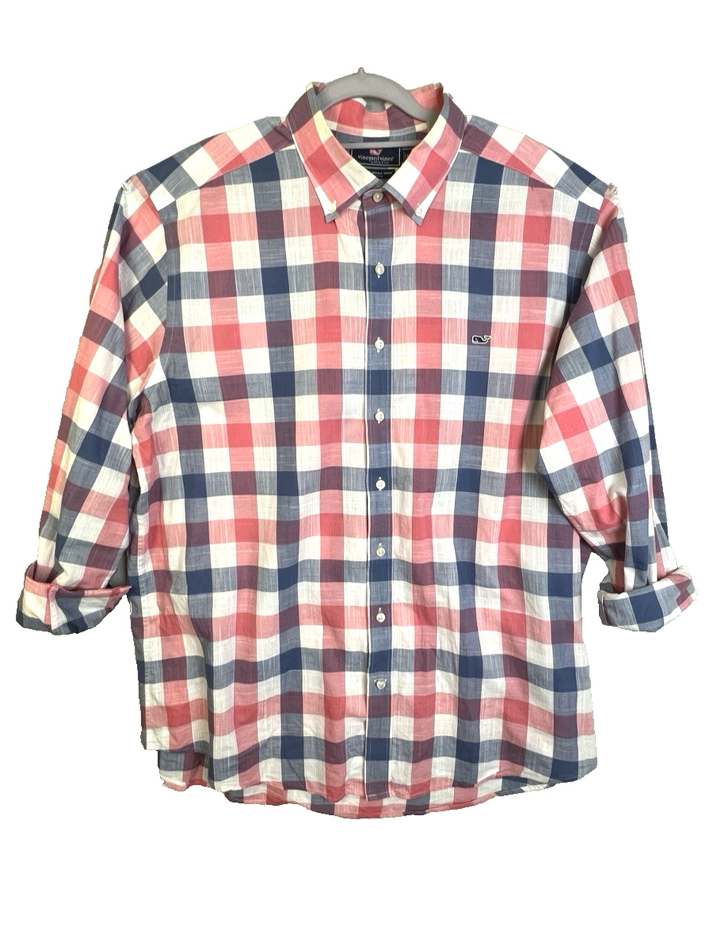 Vineyard Vines Slim Fit Whale Shirt Men XXL Red White Blue Plaid Preppy Beach